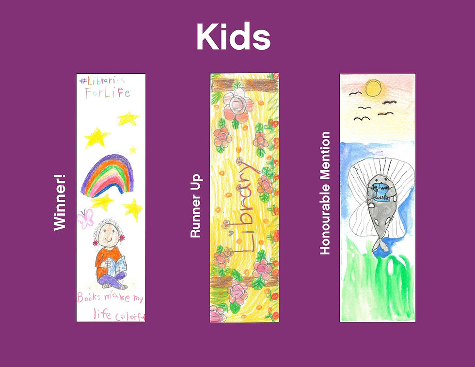 The winning bookmark designs in the Kids category.