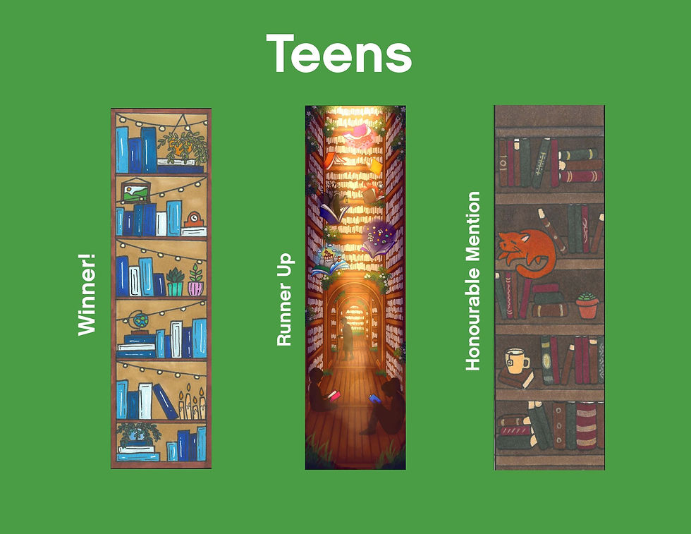 The winning bookmark designs in the Teen category.