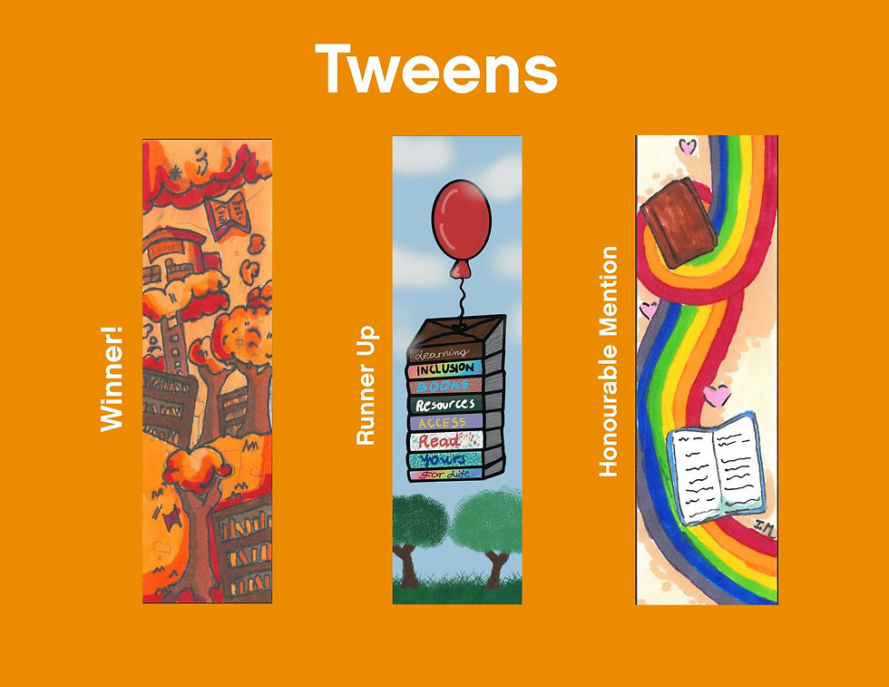 The winning bookmark designs in the Tween category.