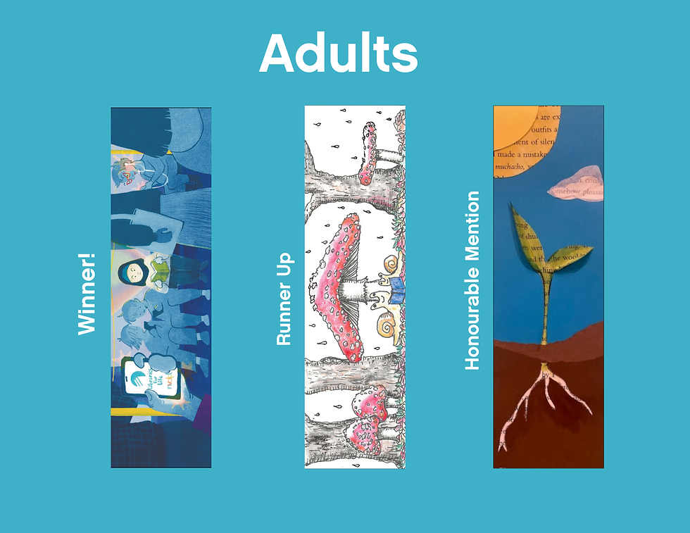 The winning bookmark designs in the Adult category.