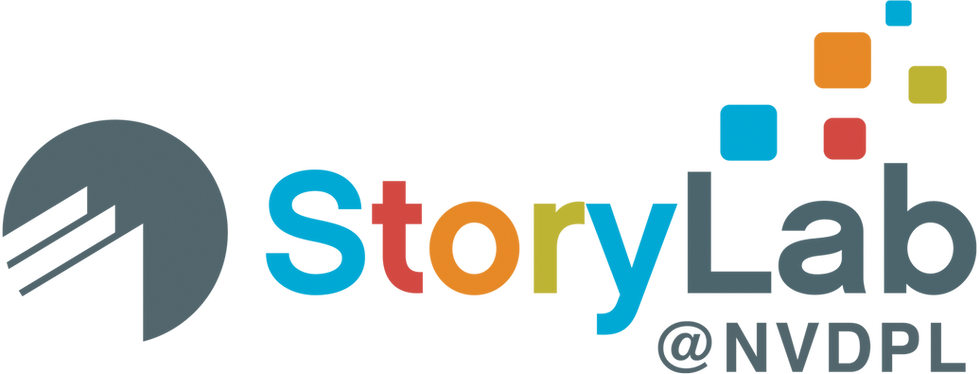 Logo for StoryLab which includes the NVDPL logo of the corner of three books in a circle. The StoryLab logo has "story" writen in different colours and there are floating colured boxes above the word "lab".