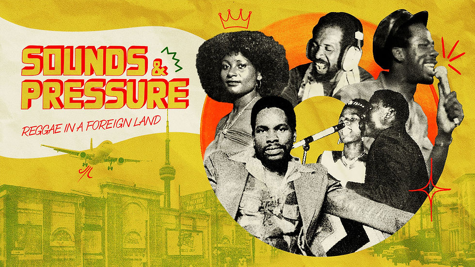Collage of people in a colourful retro style. "Sounds & Pressure: Reggae in a Foreign Land" text. Airplane and city backdrop.
