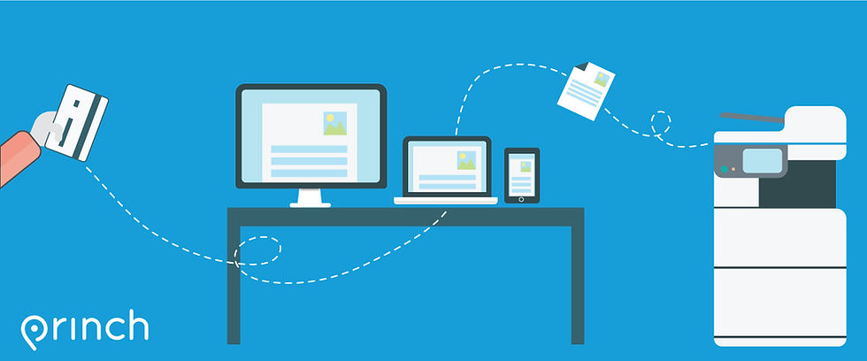 A hand holds a card, connecting devices on a desk to a printer. A document is shown transferring. Blue background with Princh logo.
