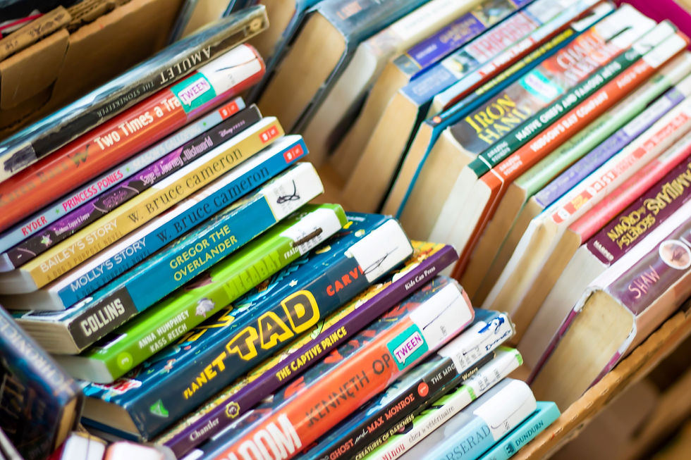 A selection of donated materials and discarded library materials in a box.