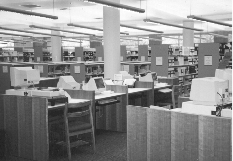A black and white picture of computer carousels in the 1990s at the "new" Parkgate Library, which opened in 1994.