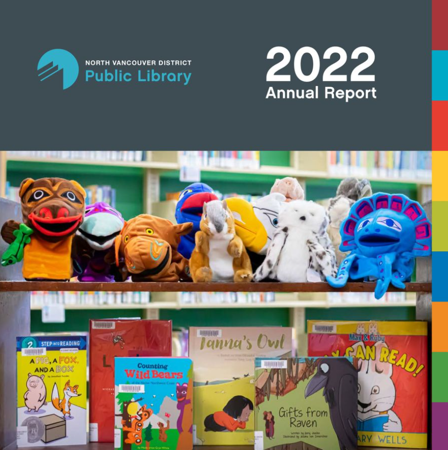 A picture of the cover of the 2022 Annual Report for North Vancouver District Public Library. A group of puppets for children sit on a shelf along with their accompanying books. 