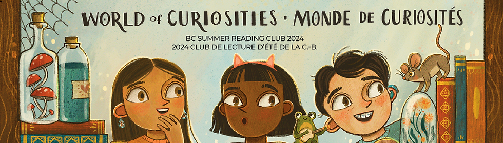 An illustration of three children surrounded by items such as books, a frog, a mouse, flowers under a cloche , a corked bottle with mushrooms, and another bottle of blue liquid.