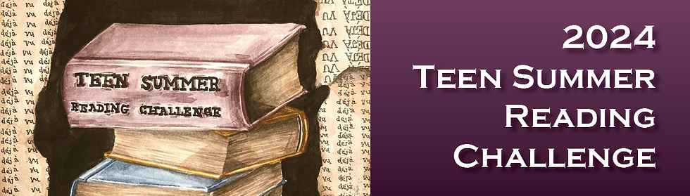 An illustration of a stack of books with the words "Teen Summer Reading Challenge" embossed one the spine of the top book. "2024 Teen Summer Reading Challenge" is in white text on a purple gradient background to the right of the illustration.