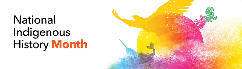 Vibrant watercolor splashes in yellow, orange, green, blue, and purple hues with a narwhal, an eagle, a moon, and the scroll of a violin integrated in. "National Indigenous History Month" is written to the left.